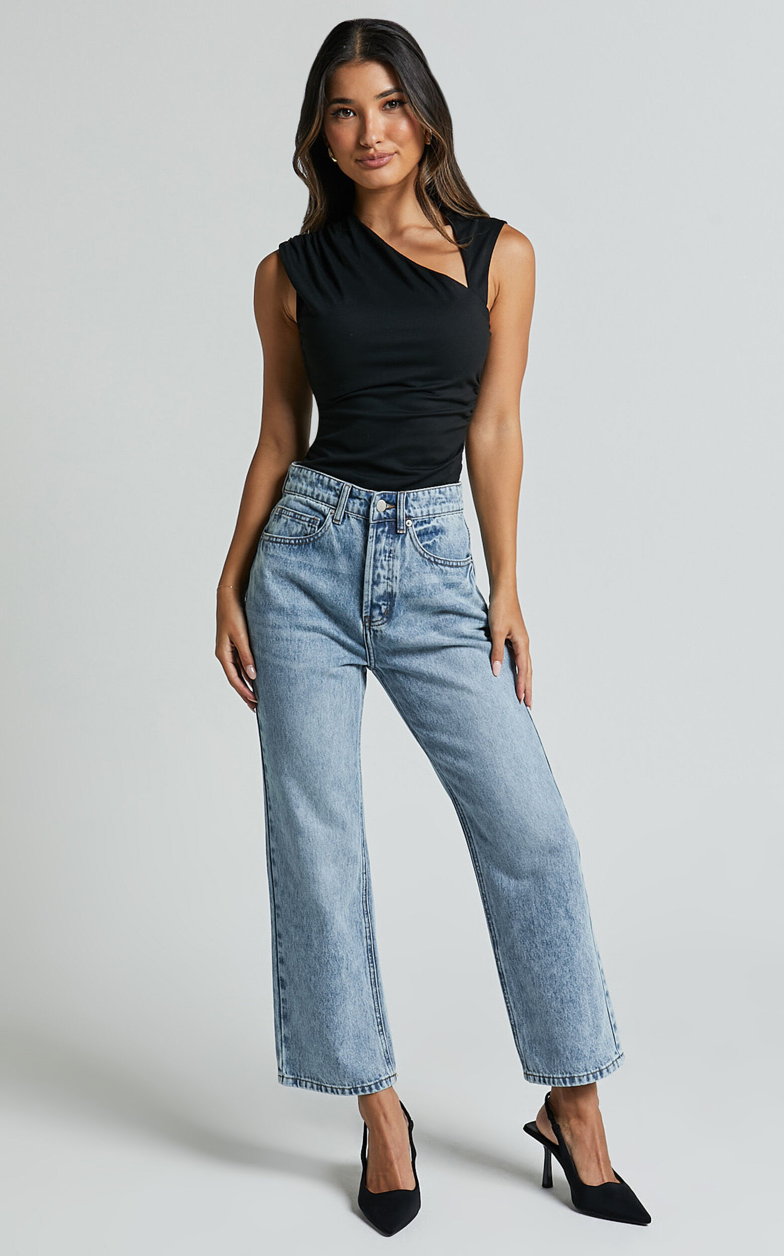 Wilkins Jeans High Waisted Straight Leg Cropped Hem Jeans in Mid Blue Wash Showpo