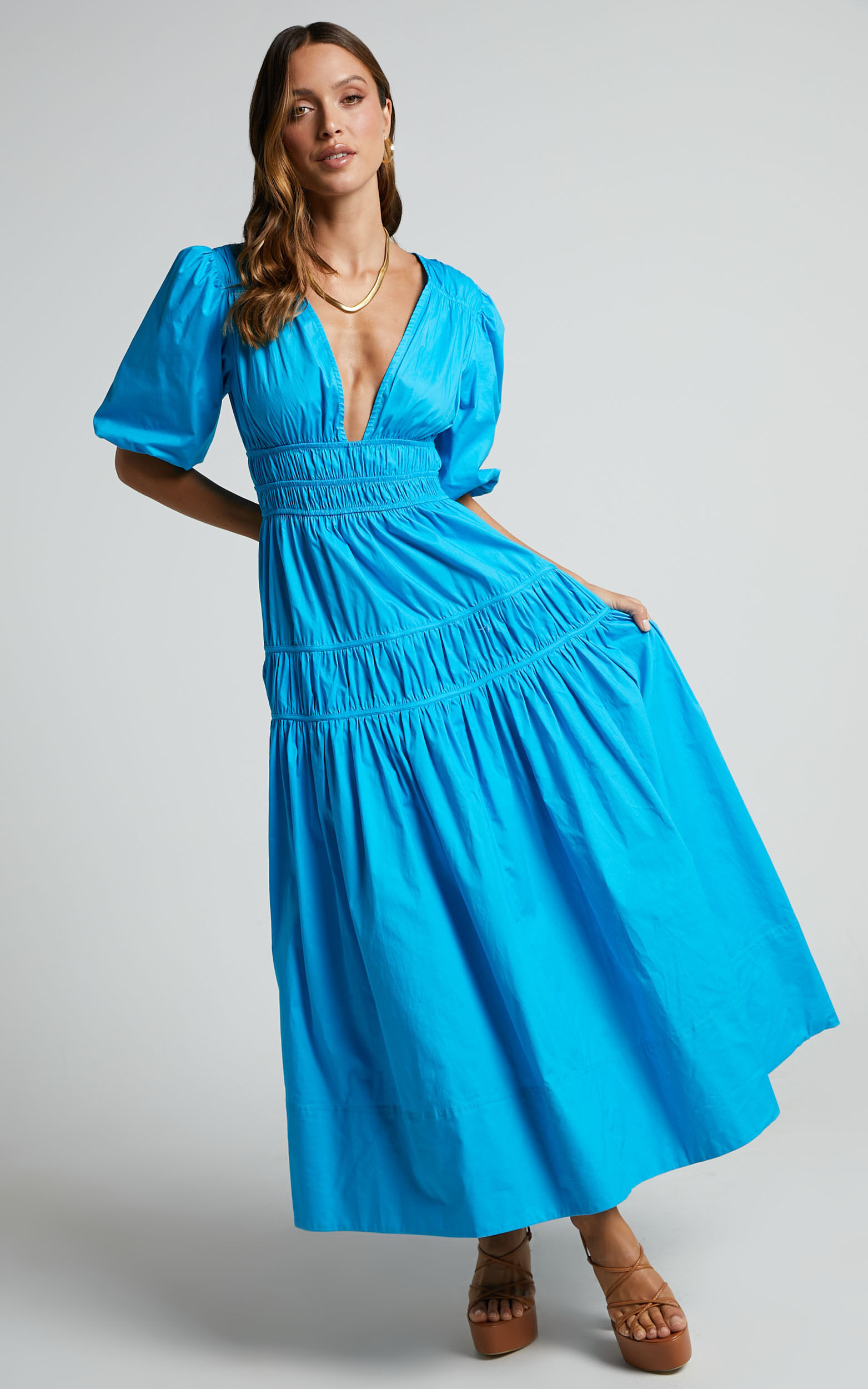 Mellie Midi Dress - Puff Sleeve Plunge Tiered Dress in Blue - 04, BLU5