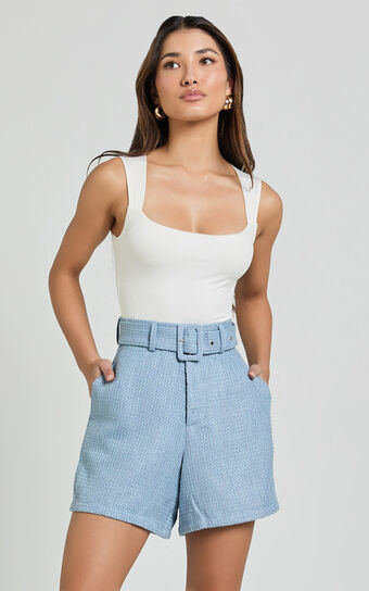 Delilah Shorts - High Waist Belted A Line Tweed Shorts in Blue