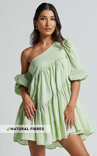 Harleen Mini Dress - Linen Look Asymmetrical Trim Puff Sleeve Dress in Sage