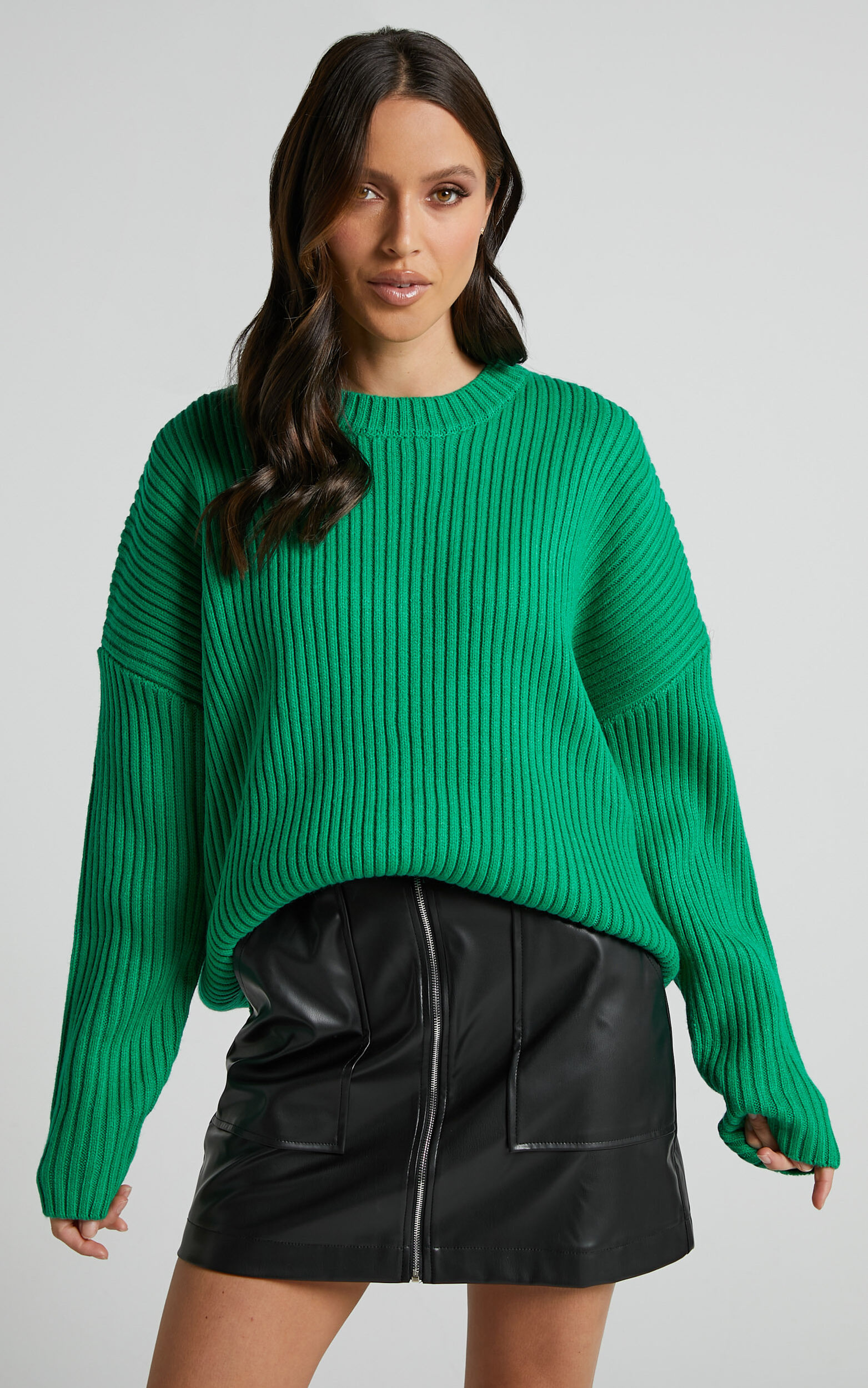 Brooklyn Knit Jumper - Scoop Neck Long Sleeve in Green - 04, GRN1