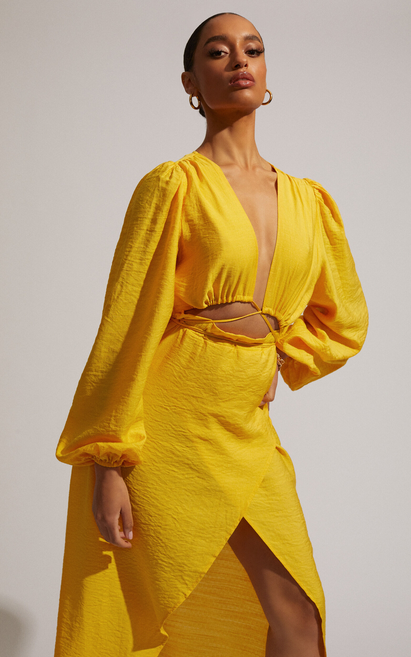 Demieh Midi Dress Front Cut Out Long Sleeve Dress in Bright