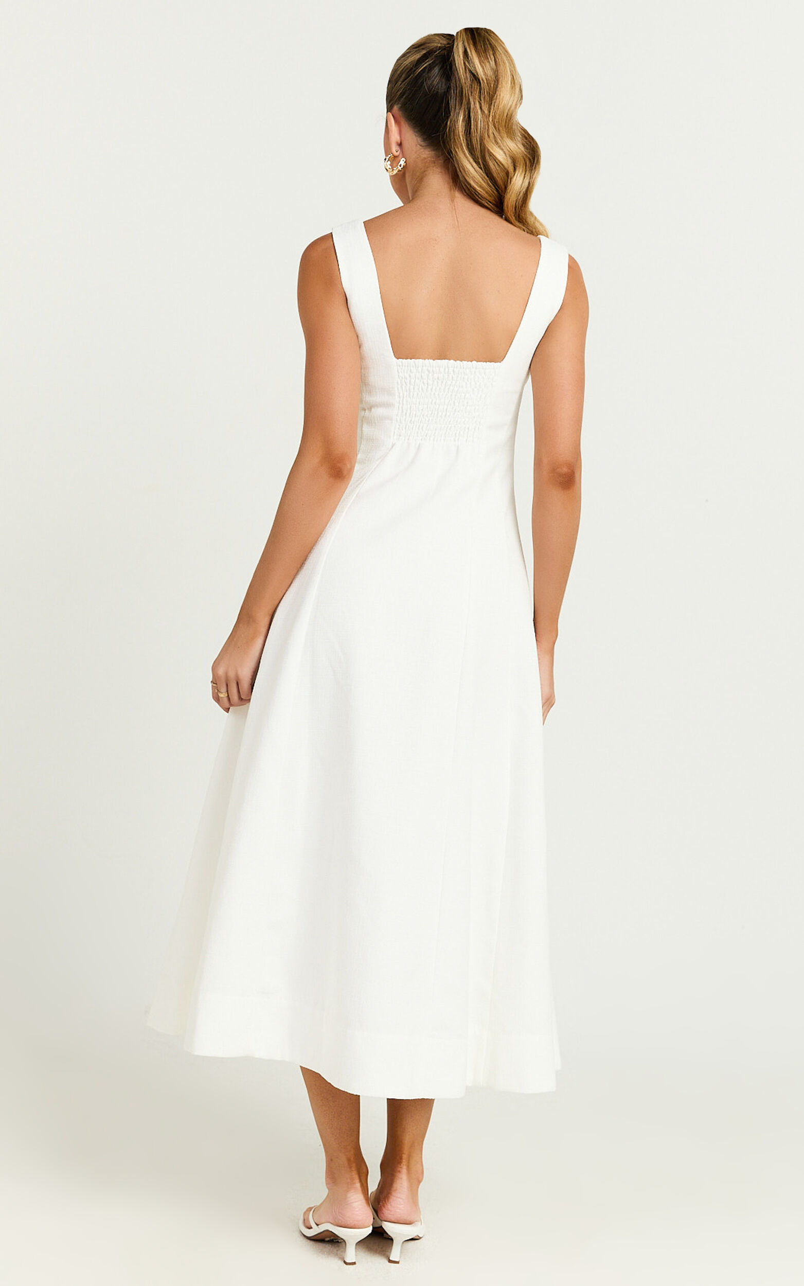 Walters Midi Dress - Square Neck Shirred Back Fit and Flare Panel Dress in White | Showpo