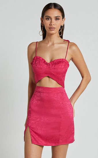 Alexina Two Piece Set - Bustier Crop & Mini Skirt Jacquard Set in Hot Pink