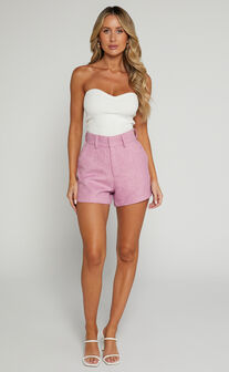 Carrie Shorts - High Waisted Tailored Tweed Shorts in Pink