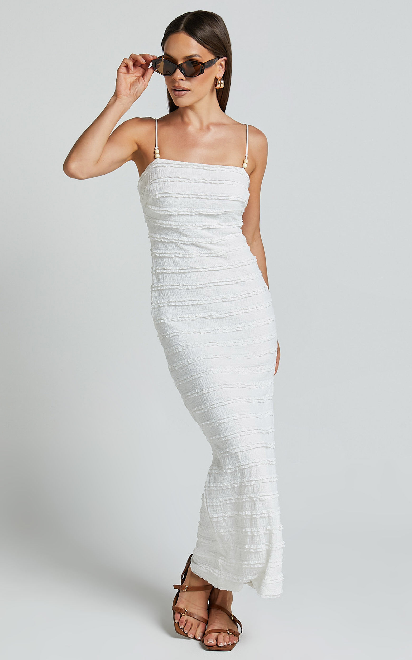 Alanna Midi Dress Textured Midi Dress With Tie Straps in White Showpo
