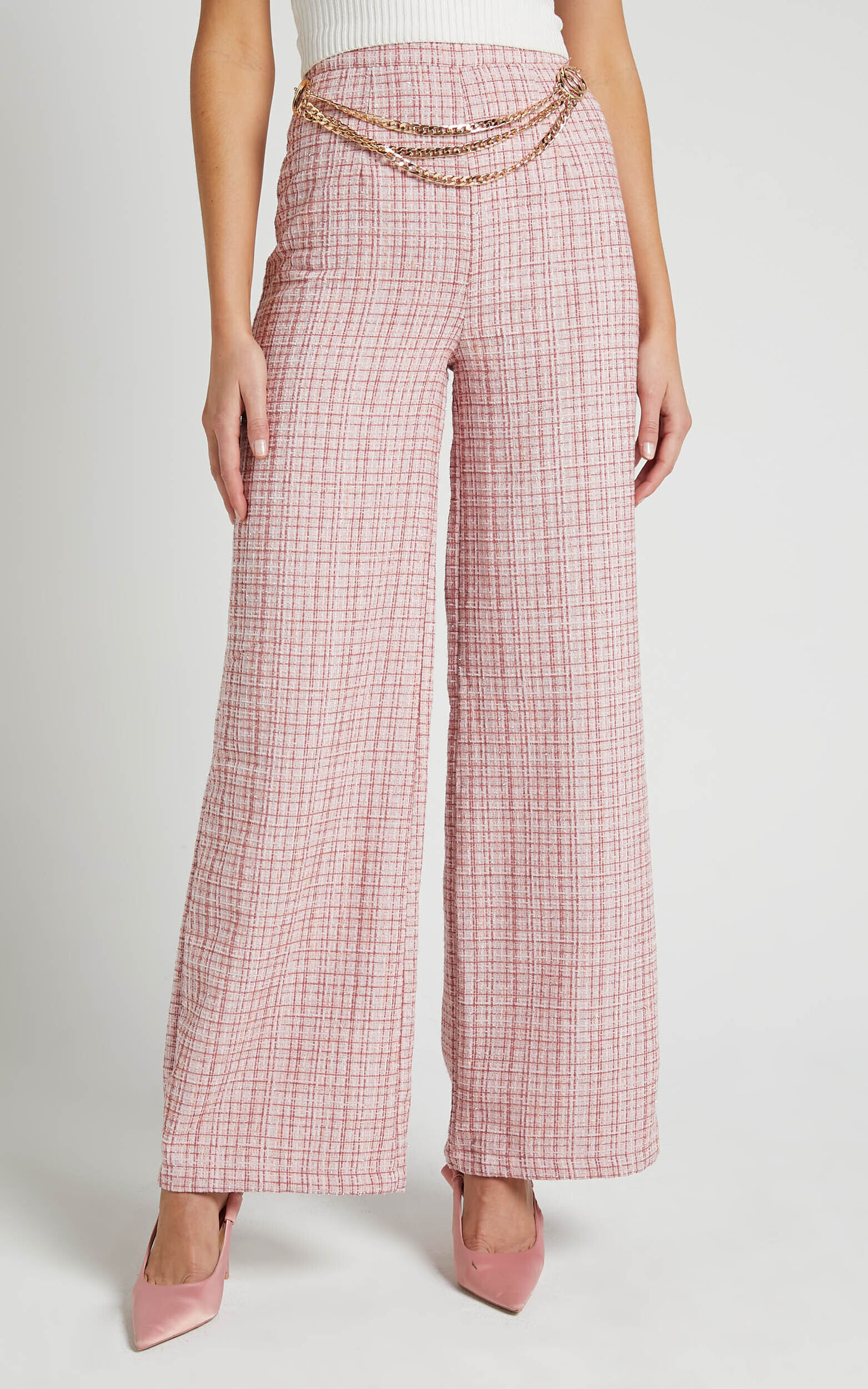Icie Pants - High Waisted Tweed Wide Leg Pants in Pink Tweed