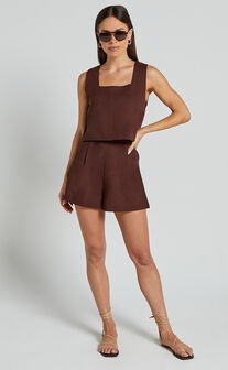 Marley Two Piece Set - Square Neck Top & Short Linen Look Set in Chocolate