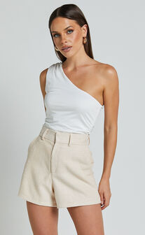 Carrie Shorts -  High Waisted Tailored Tweed Shorts in Beige