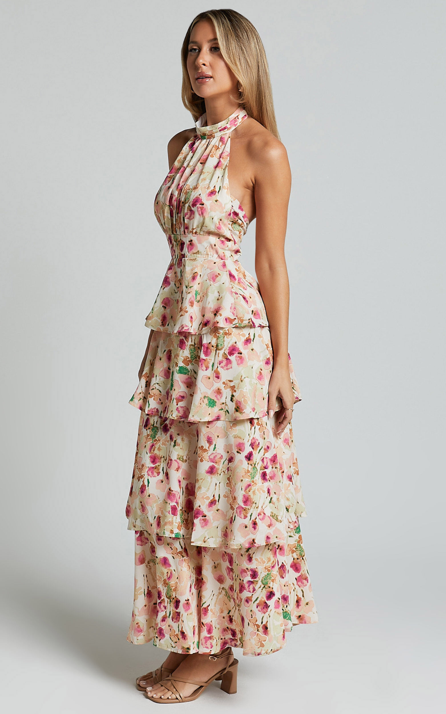 Cece Midi Dress Halter Neck Layered Dress in Pink Floral Showpo USA
