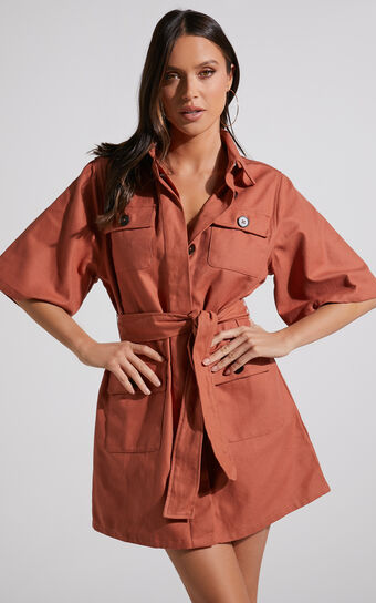 Dynalyn Mini Dress - Wide Sleeve Utility Dress in Terricotta