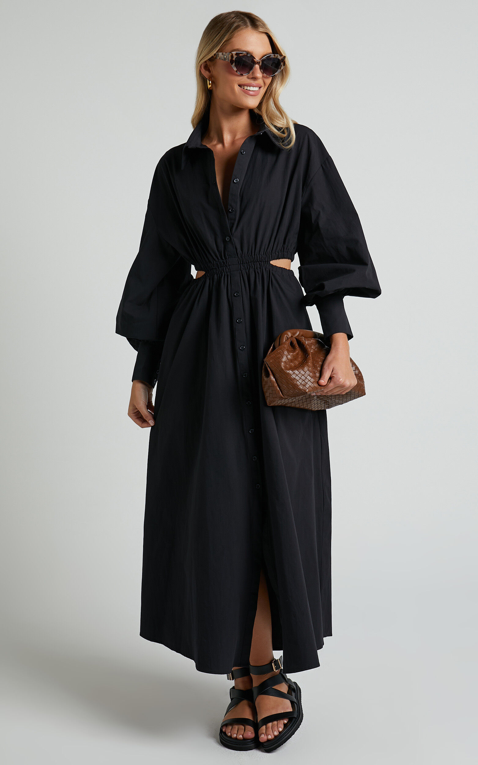 Black midi shirt dress with sleeves hotsell
