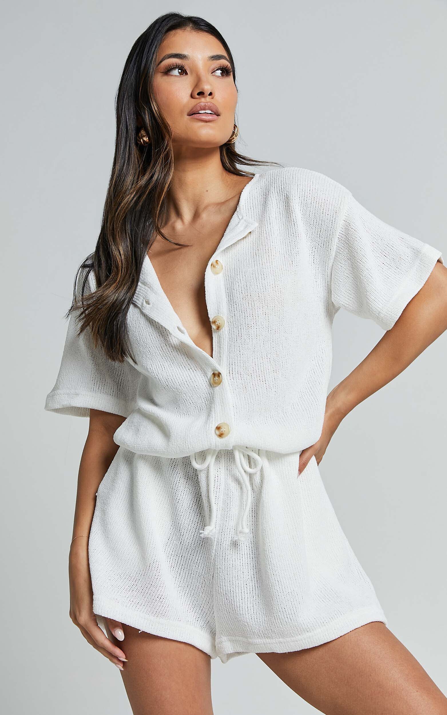 Edeline Playsuit - Button Front Short Sleeve Drawstring Waist in Off White - 06, WHT1