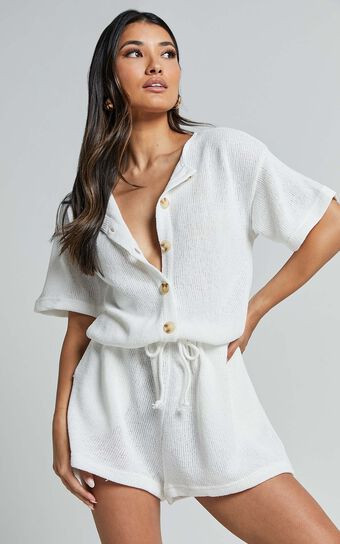 Edeline Playsuit - Button Front Short Sleeve Drawstring Waist in Off White