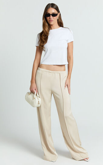 Faye Pants - Low Waist Elastic Waist Wide Leg Pants in Neutral