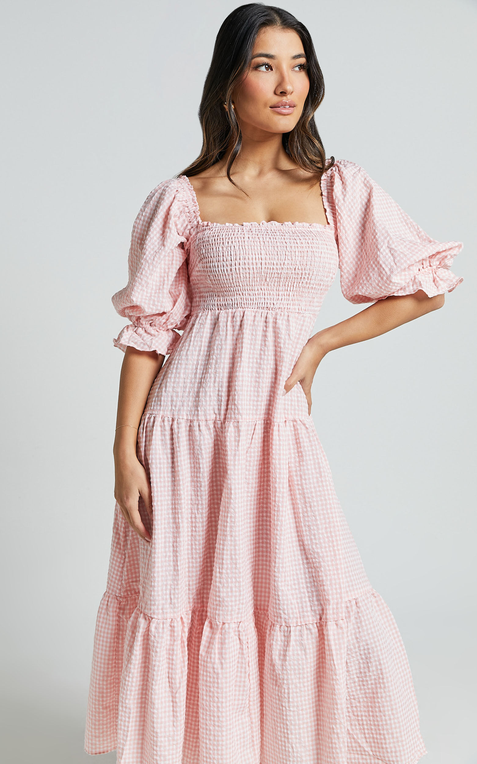Darlene Midi Dress Square Neck Long Sleeve Tiered Dress in Rose Gingham Check Showpo