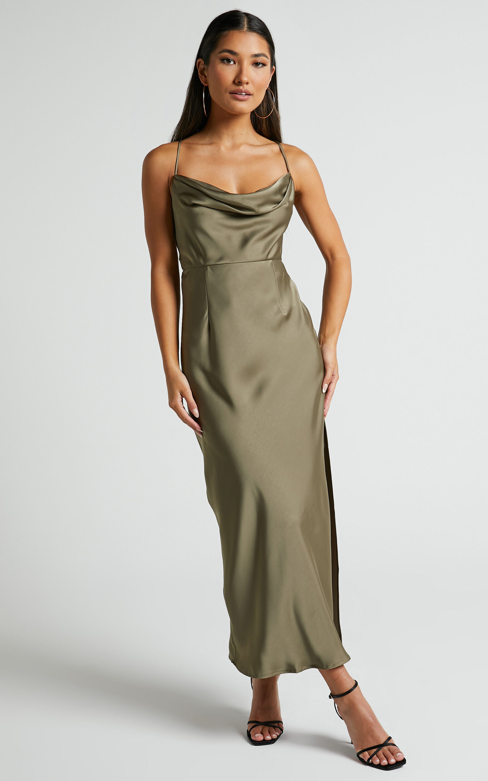 Olive Green Cowl Satin Dress – Summer Evenings
