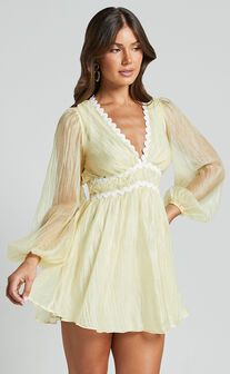 Evangeline Mini Dress - Wavy V Neck Long Sleeve Dress in Lemon