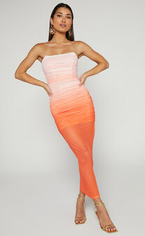 Alezia Midi Dress - Strapless Bodycon Dress in Orange
