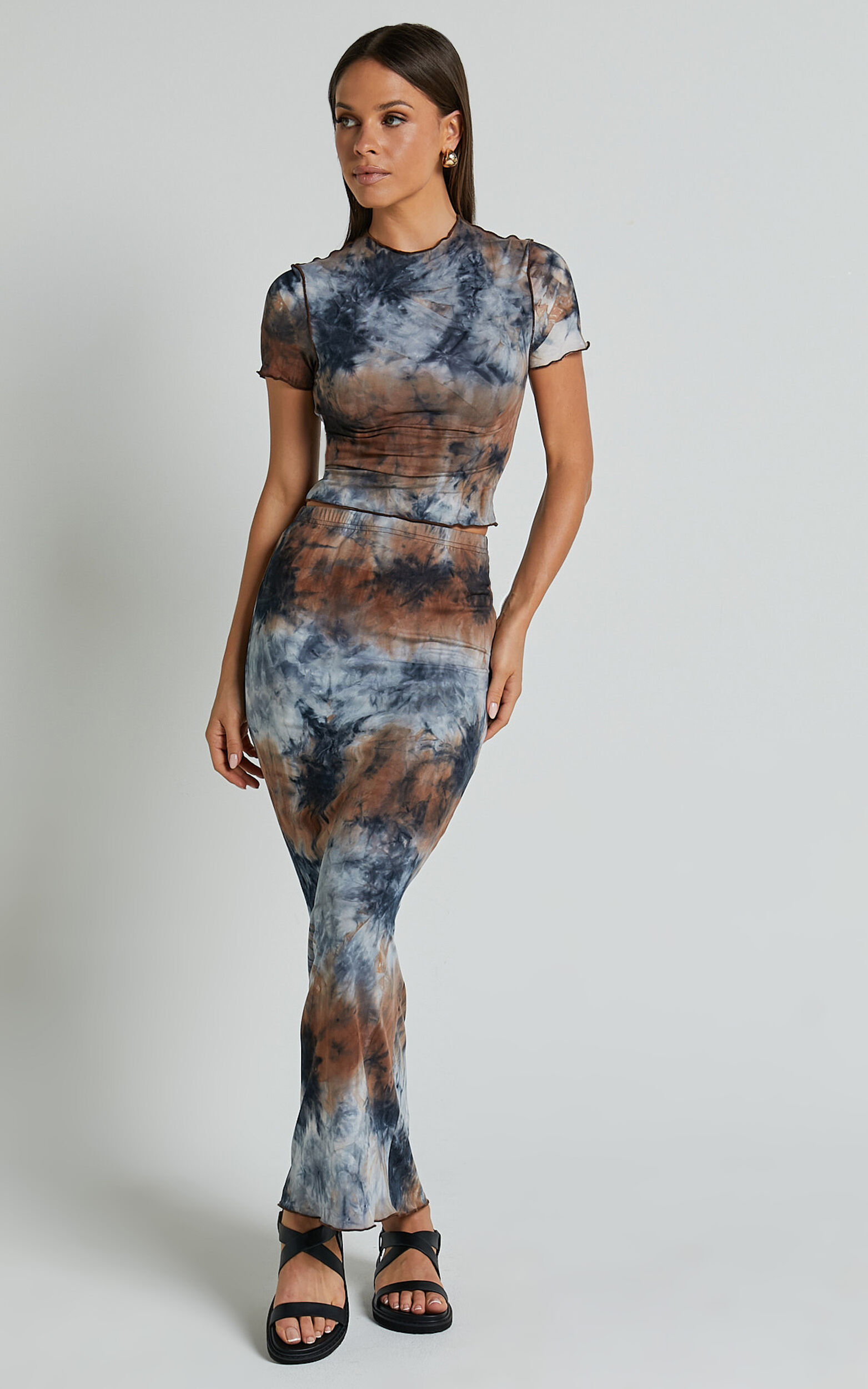 Salem Two Piece Set - High Neck Short Sleeve Top and Midi Skirt Set in Blue Tie Dye - 06, BLU1