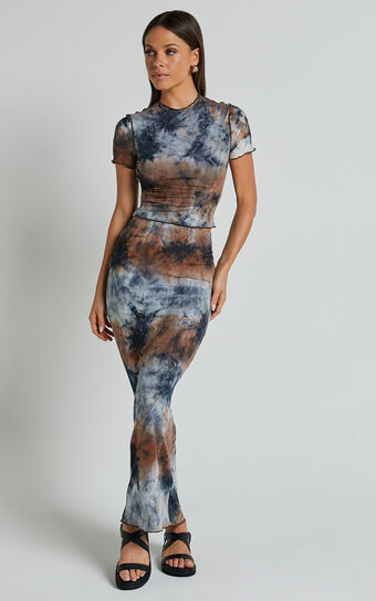 Salem Two Piece Set - High Neck Short Sleeve Top and Midi Skirt Set in Blue Tie Dye