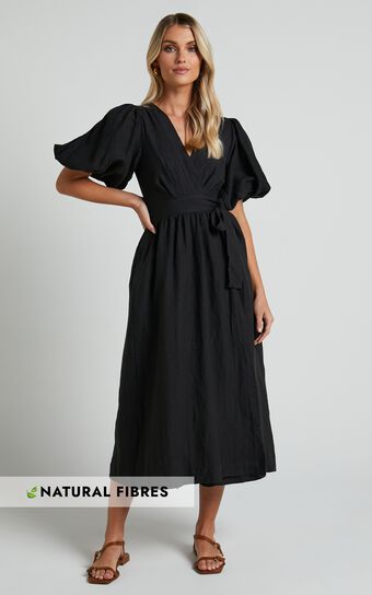 Amalie The Label - Franc Linen Puff Sleeve Wrap Midi Dress in Black