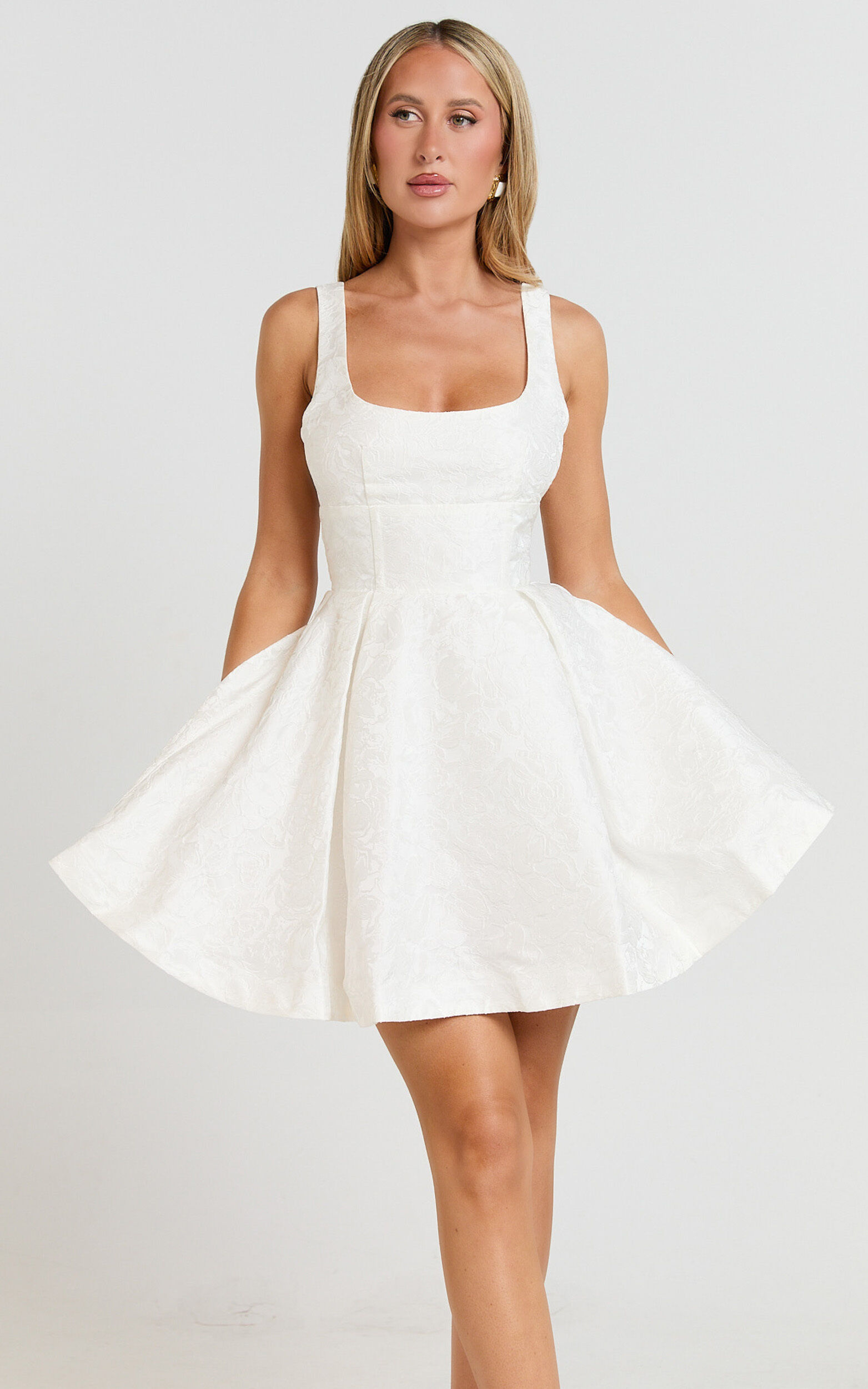 Stephane Mini Dress - Corset Scoop Neck Fit and Flare Dress in Ivory - 04, WHT1