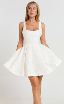 Stephane Mini Dress - Corset Scoop Neck Fit and Flare Dress in Ivory