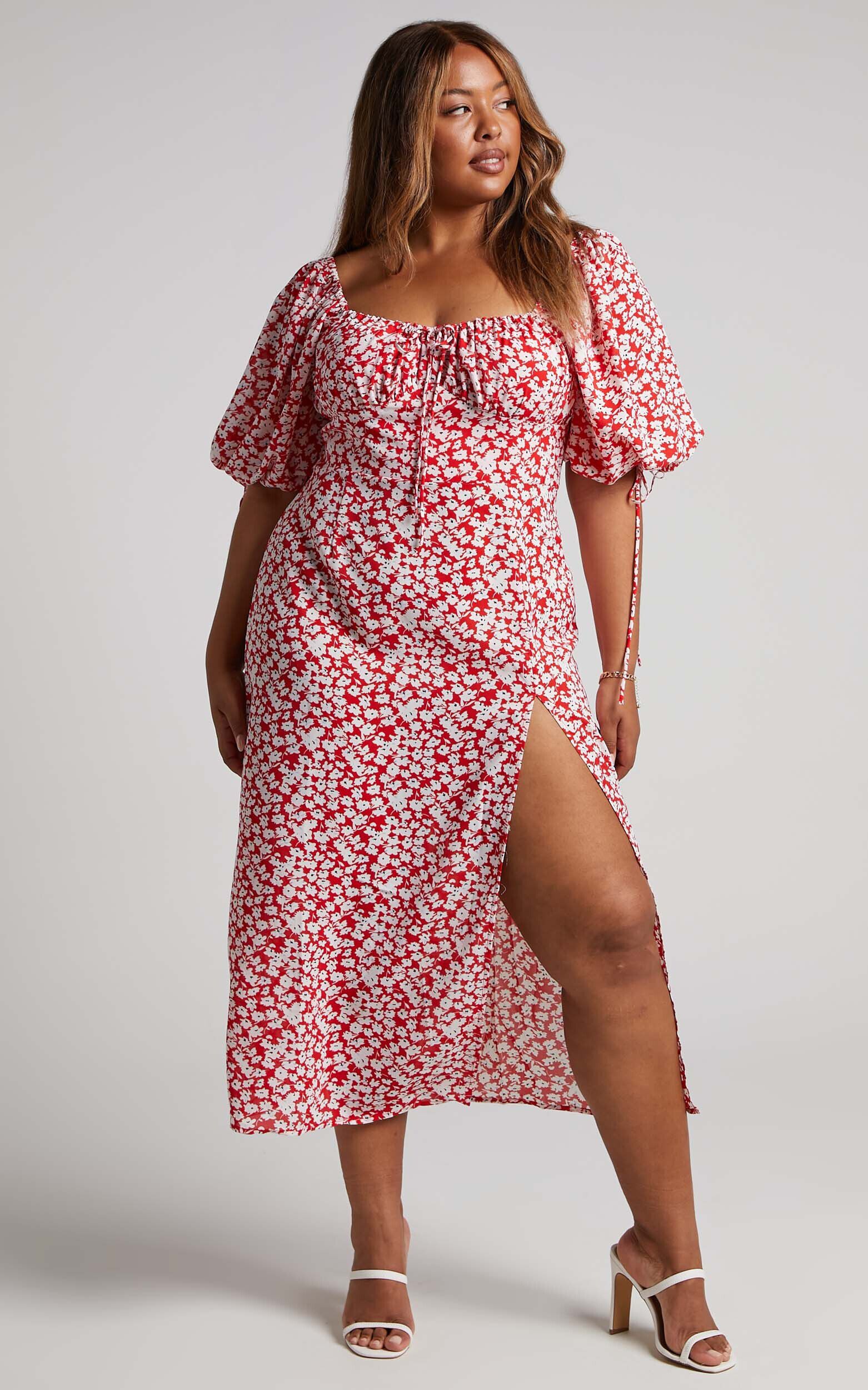 Rosario Midi Dress Ruched Bust Puff Sleeve Dress in Red Ditsy Floral Showpo