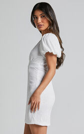 Cleonna Mini Dress - Short Puff Sleeve Plunge Neck Sequin Bodycon in White | Showpo