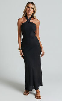 Maelynn Midi Dress - Linen Twist Halter Neck Low Back Slip Dress in Black