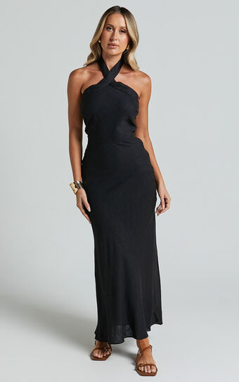 Maelynn Midi Dress - Linen Twist Halter Neck Low Back Slip Dress in Black