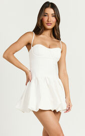 Kacey Mini Dress - Textured Drop Waist Bubble Hem Dress in Off White ...
