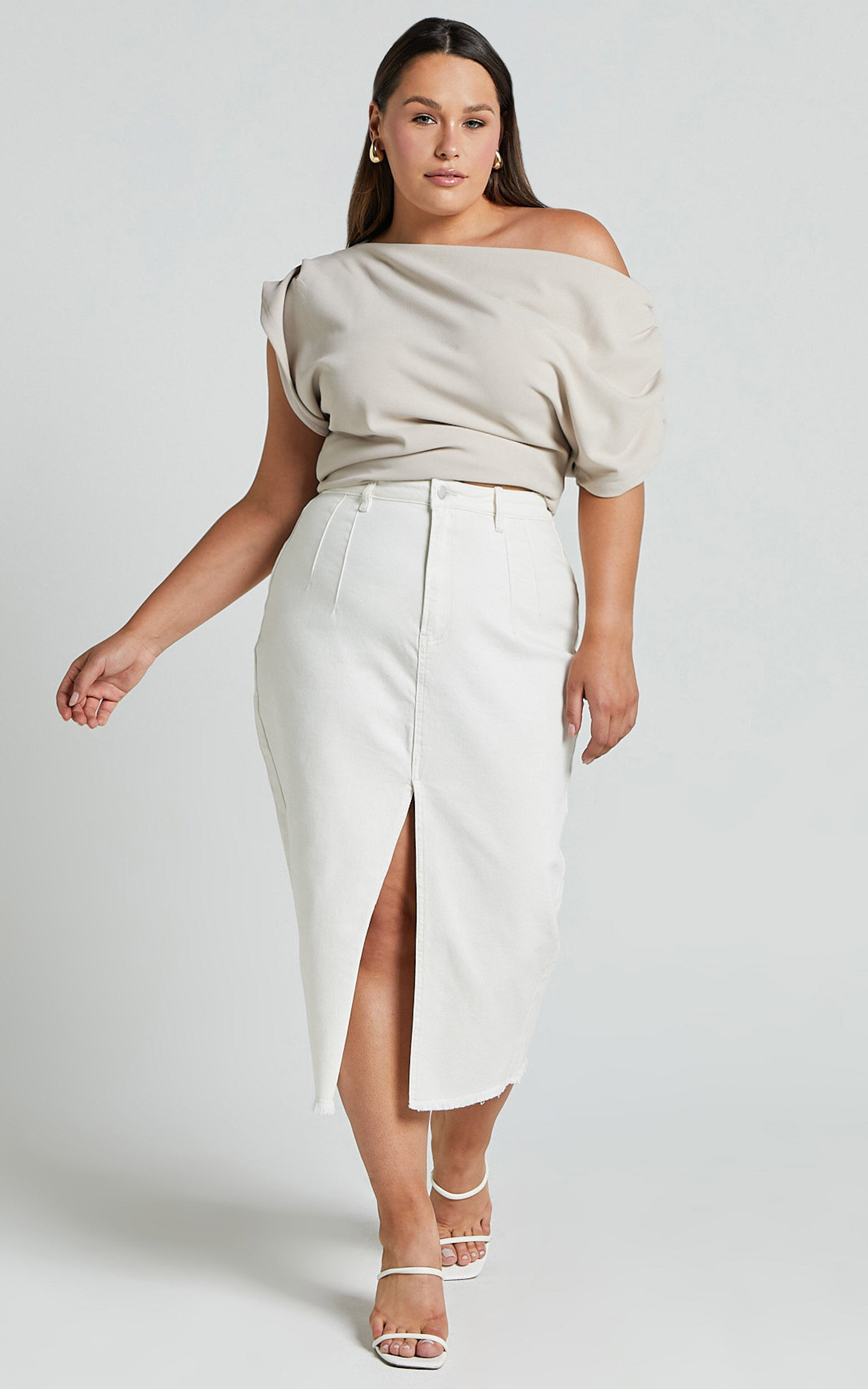 Janeve Midi Skirt - Front Split Denim Skirt in Ecru | Showpo USA