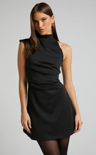 Rubie Mini Dress - High Neck Asymmetrical One Shoulder Dress in Black Showpo