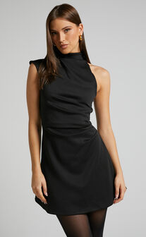 Rubie Mini Dress - High Neck Asymmetrical One Shoulder Dress in Black