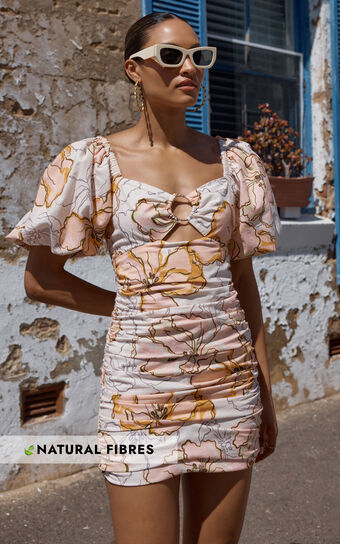 Amalie The Label - Emerita Linen Blend O Detail Puff Sleeve Ruched Mini Dress in Maison Fleur