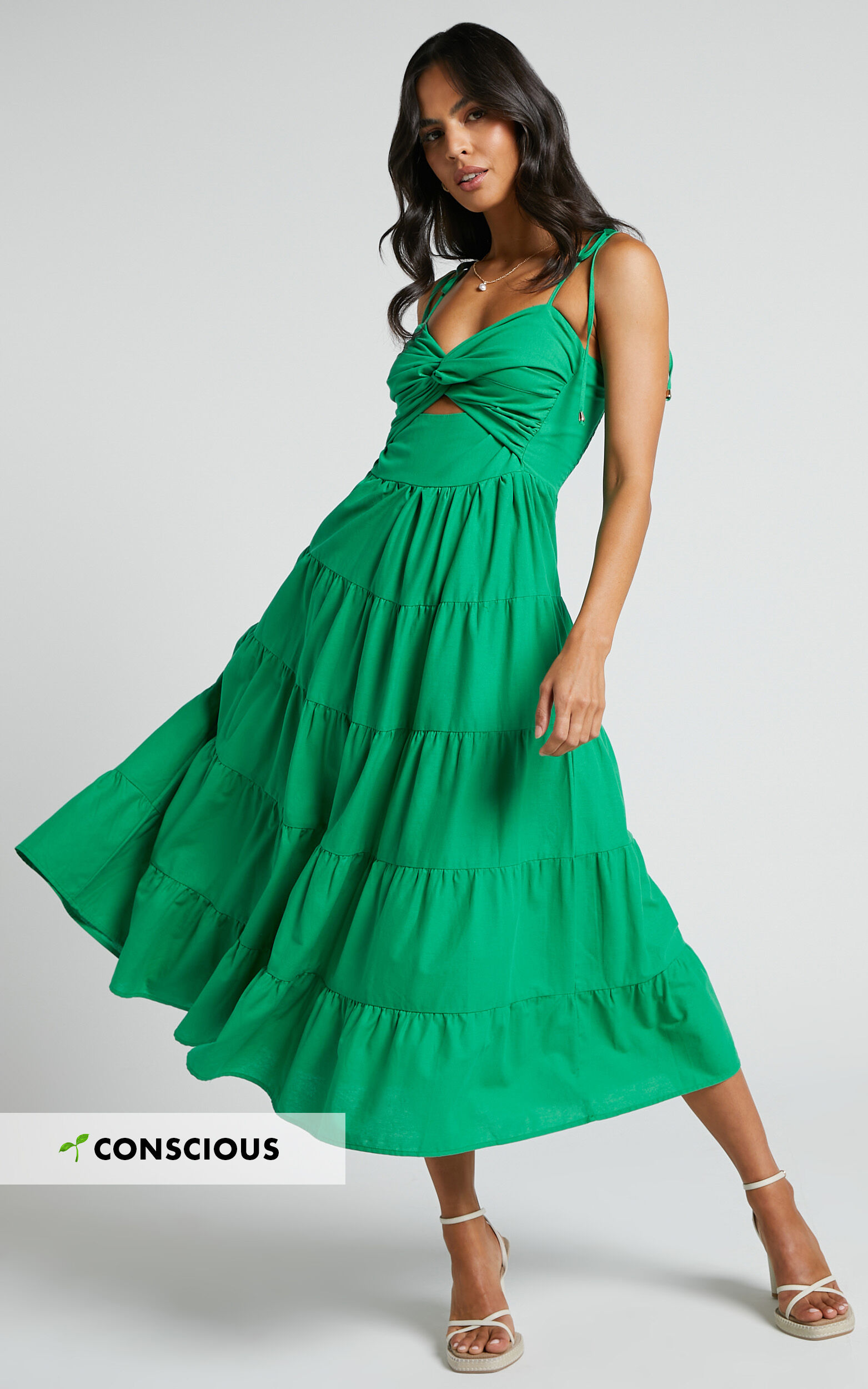 Leticia Midi Dress - Twist Front Tie Strap Tiered Dress in Green ...