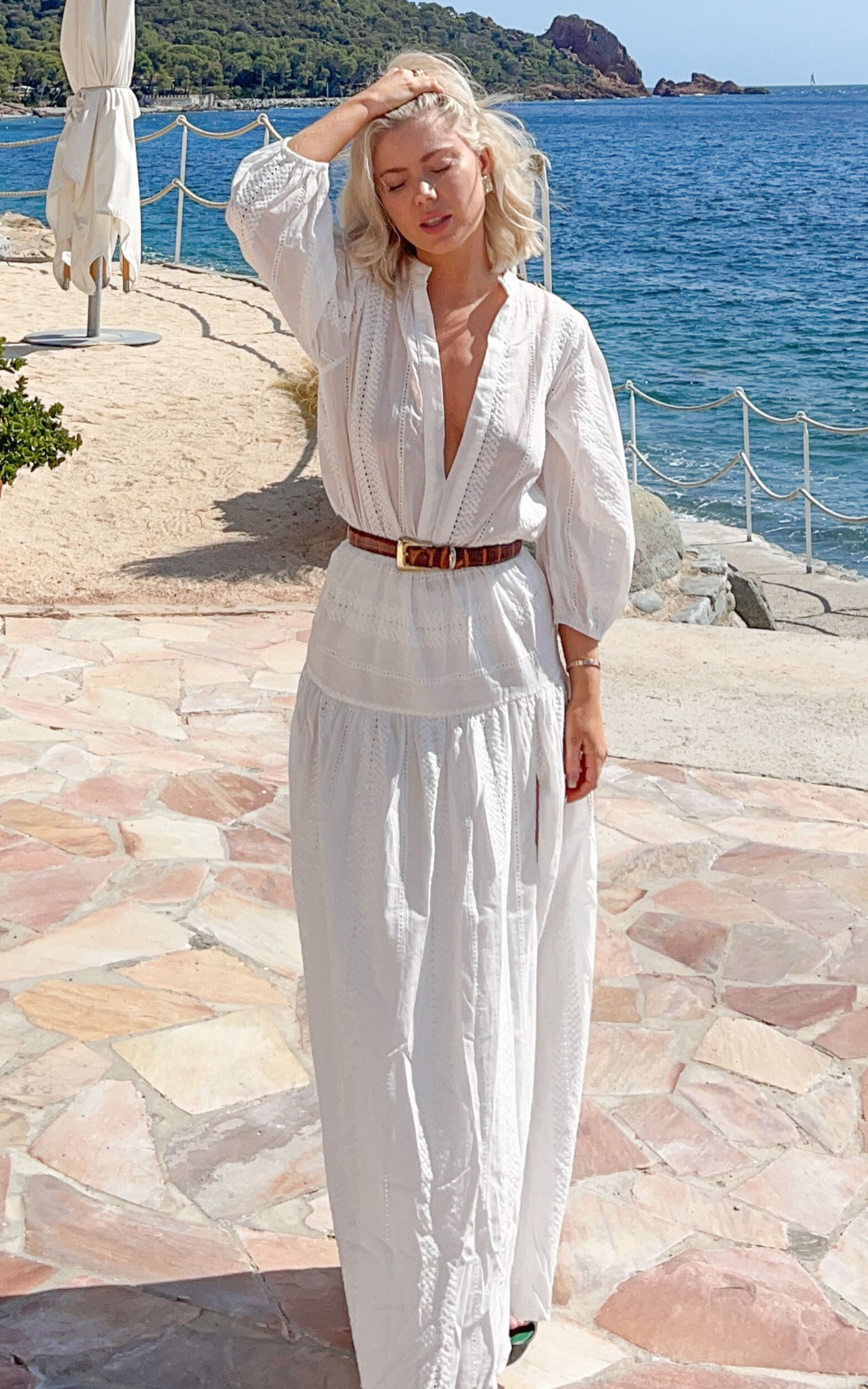 Lanzy Maxi Dress Long Sleeve Yoke Waist Relaxed Broderie Dress in White Showpo EU