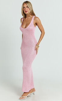 Jenna Maxi Dress - Scoop Neck Sleeveless Sequin Knit Dress with Star Brooch in Light Pink