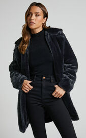 Leaning On You Coat - Faux Fur Coat in Black Faux Fur | Showpo USA