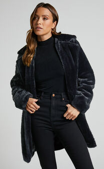 Leaning On You Coat - Faux Fur Coat in Black Faux Fur