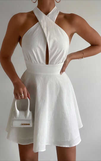 Amalie The Label - Leonila Linen Blend Halter Fit and Flare Mini Dress in White