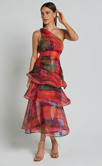 Chelsea Midi Dress - One Shoulder Tie Strap Layered Dress in Print