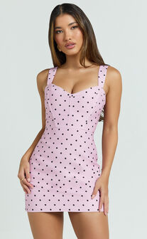 Janice Mini Dress - Square Neckline Dress in Fondant Pink Polka Dot