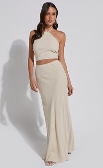 Chelsea Two Piece Set - Linen Halter Neck Top and Bias Cut Sheer Maxi Skirt in Natural