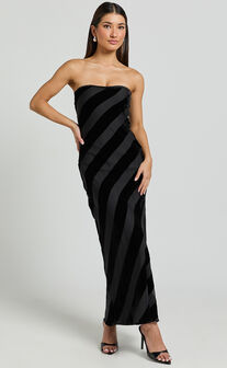 Genevieve Midi Dress - Strapless Stripe Burnout Dress in Black Stripe