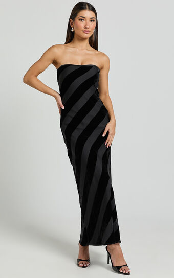 Genevieve Midi Dress - Strapless Stripe Burnout Dress in Black Stripe