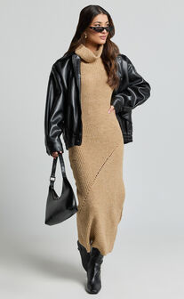 Alaina Midi Dress - Recycled Polyester Knitted Roll Neck Dress in Caramel