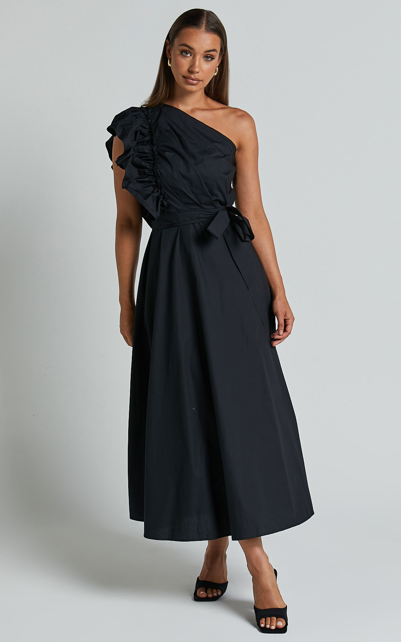 Almeida Midi Dress - One Shoulder Ruffle Detail Belted Dress in Black - 06, BLK1